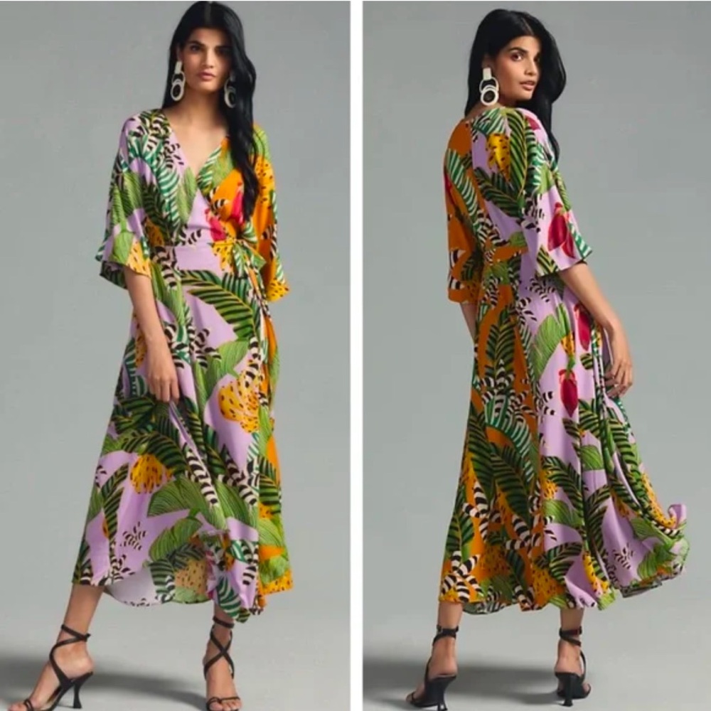 NWT Farm Rio Mixed Striped Bananas Wrap Maxi Dress size L